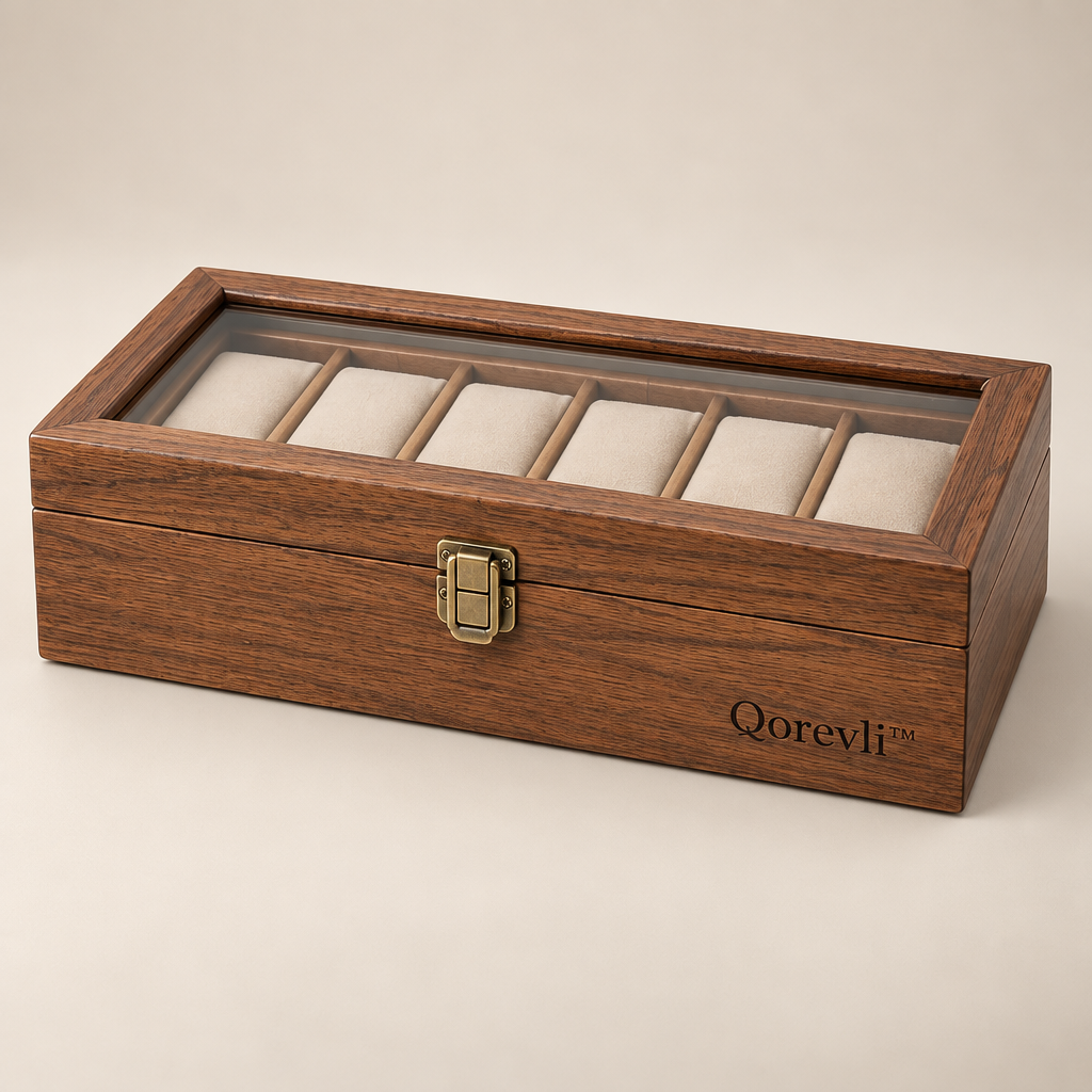 Qorevli™ Wooden Watch Storage Box with Glass Top image 01